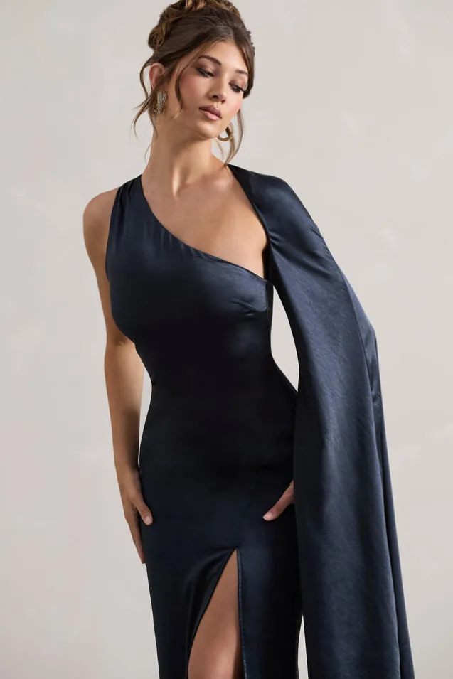 Gala | Navy Satin One-Shoulder Cape Sleeve Split Maxi Dress