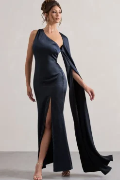 Gala | Navy Satin One-Shoulder Cape Sleeve Split Maxi Dress