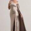 Gala | Taupe Satin One-Shoulder Cape Sleeve Split Maxi Dress