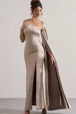 Gala | Taupe Satin One-Shoulder Cape Sleeve Split Maxi Dress