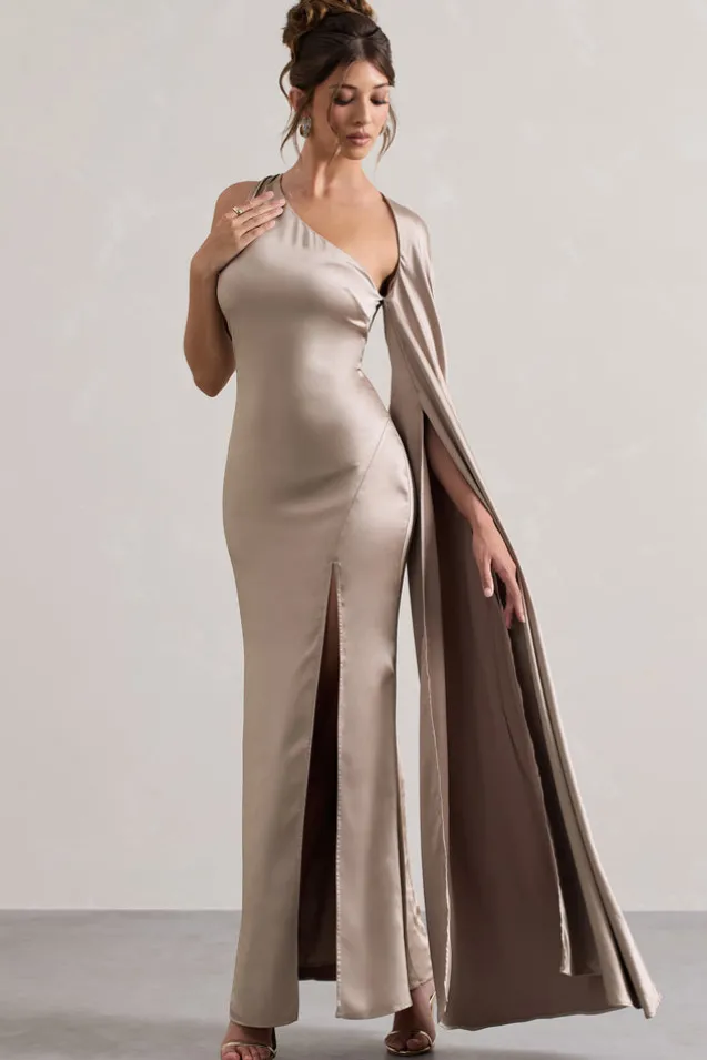 Gala | Taupe Satin One-Shoulder Cape Sleeve Split Maxi Dress