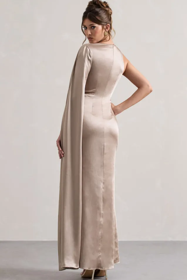 Gala | Taupe Satin One-Shoulder Cape Sleeve Split Maxi Dress