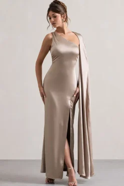 Gala | Taupe Satin One-Shoulder Cape Sleeve Split Maxi Dress