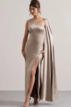 Gala | Taupe Satin One-Shoulder Cape Sleeve Split Maxi Dress
