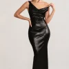 Galaxy Shimmer | Black Bias Cut Cowl Front Maxi Dress
