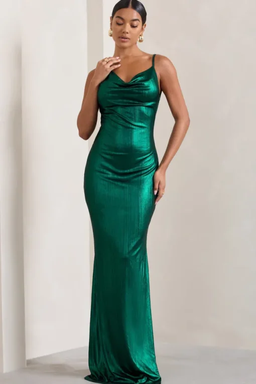 Galaxy Shimmer | Green Bias Cut Cowl Front Maxi Dress