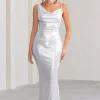 Galaxy Shimmer | Silver Bias Cut Cowl Front Maxi Dress