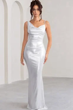 Galaxy Shimmer | Silver Bias Cut Cowl Front Maxi Dress
