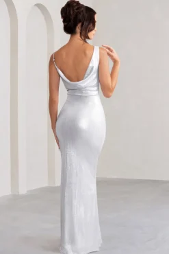 Galaxy Shimmer | Silver Bias Cut Cowl Front Maxi Dress