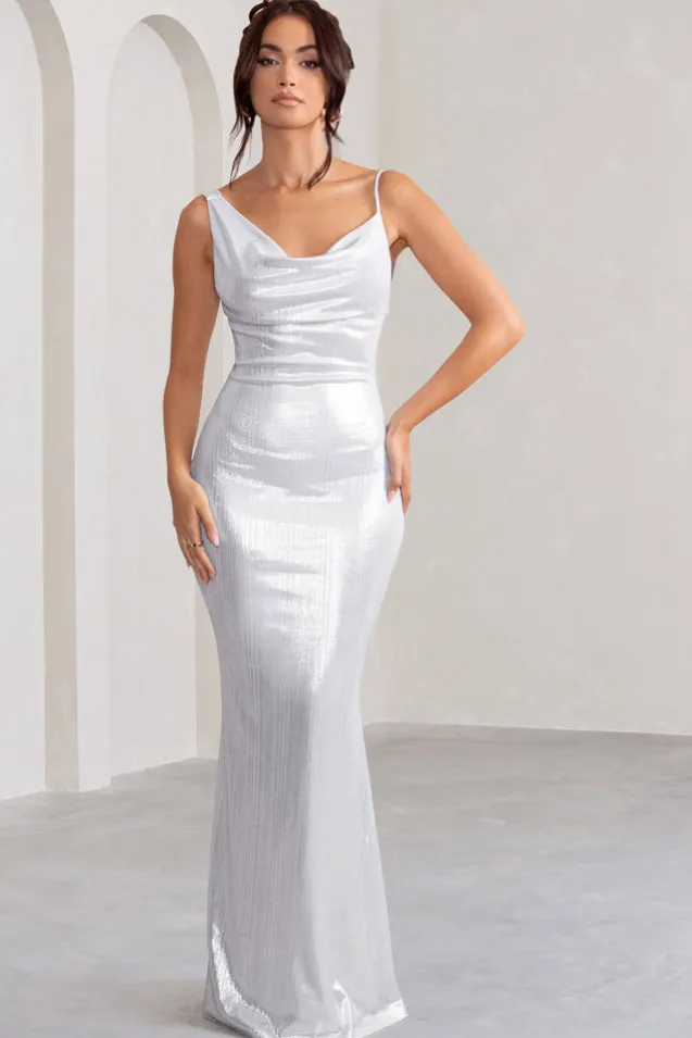 Galaxy Shimmer | Silver Bias Cut Cowl Front Maxi Dress