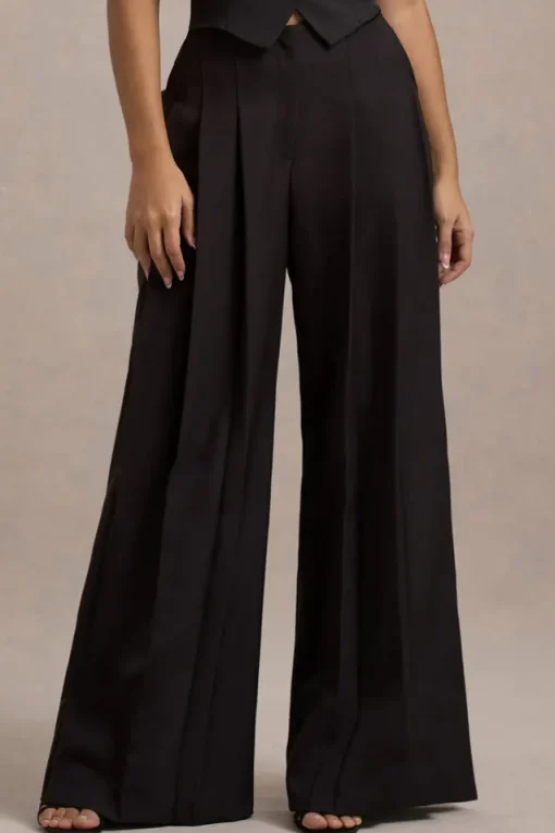 Galilea | Black Pleated Wide-Leg Trousers