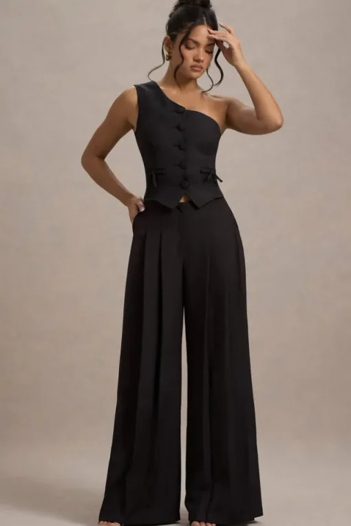 Galilea | Black Pleated Wide-Leg Trousers