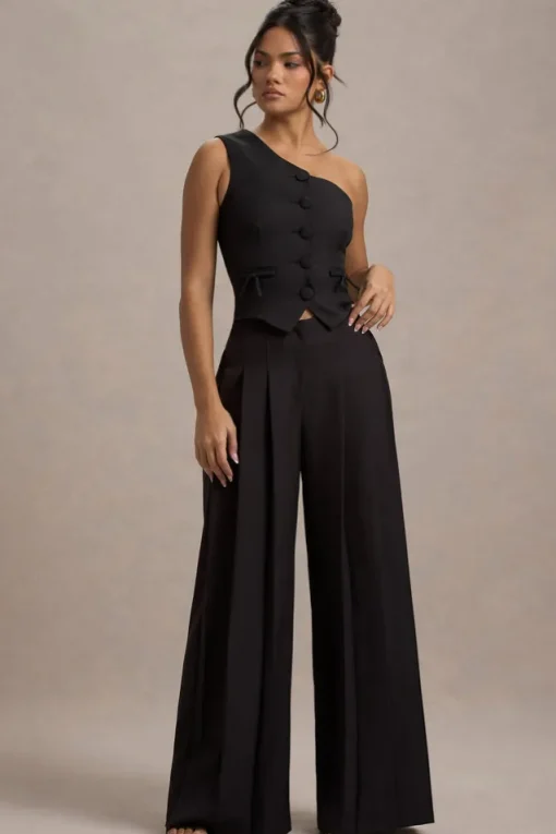 Galilea | Black Pleated Wide-Leg Trousers
