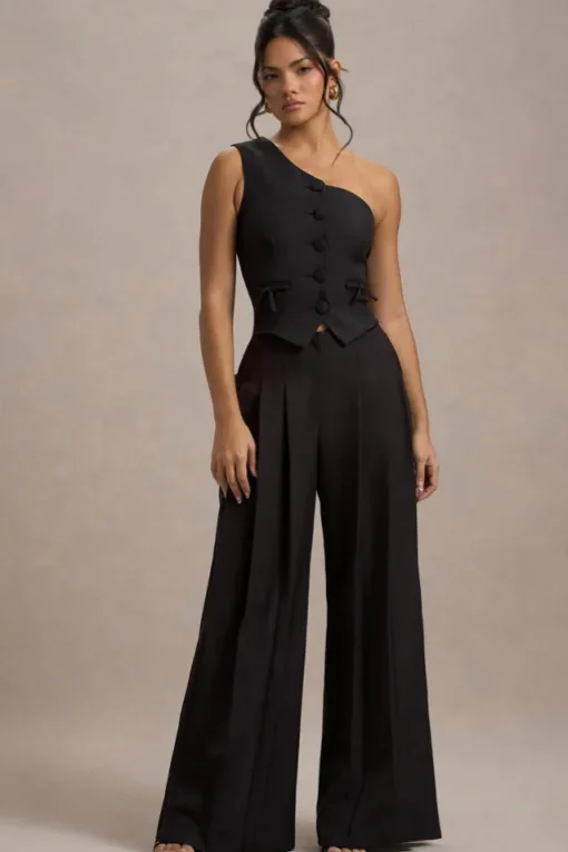 Galilea | Black Pleated Wide-Leg Trousers