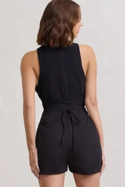 Game Of Chase | Black Sleeveless Laced Blazer Playsuit