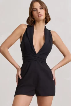 Game Of Chase | Black Sleeveless Laced Blazer Playsuit