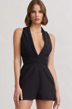 Game Of Chase | Black Sleeveless Laced Blazer Playsuit
