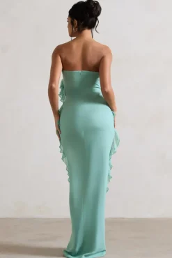 Gardenia | Mint Green Strapless Ruffle Maxi Dress With Corsage