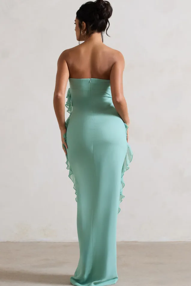 Gardenia | Mint Green Strapless Ruffle Maxi Dress With Corsage