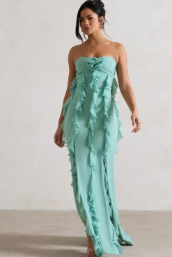 Gardenia | Mint Green Strapless Ruffle Maxi Dress With Corsage