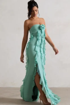 Gardenia | Mint Green Strapless Ruffle Maxi Dress With Corsage