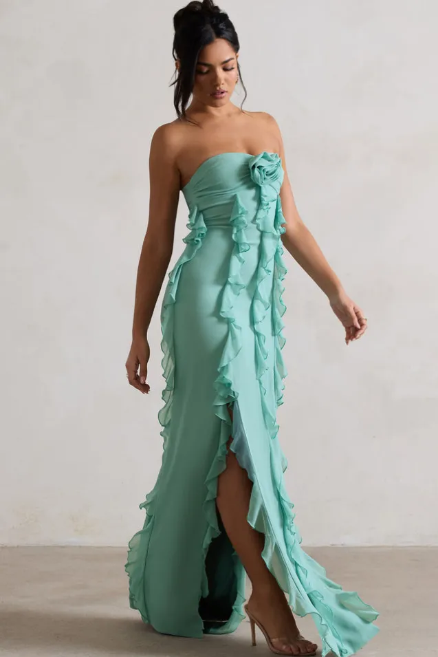 Gardenia | Mint Green Strapless Ruffle Maxi Dress With Corsage