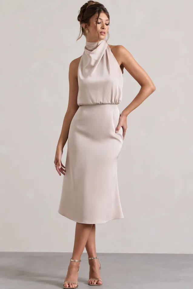 Geena | Champagne Satin Twisted High-Neck Midi Dress