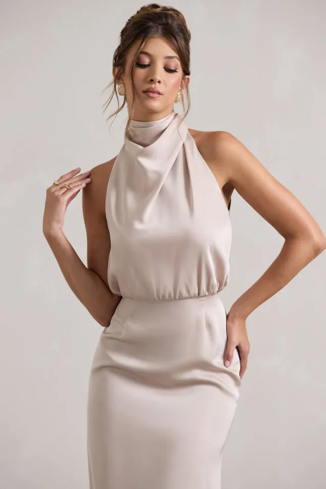 Geena | Champagne Satin Twisted High-Neck Midi Dress
