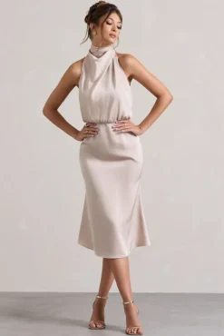 Geena | Champagne Satin Twisted High-Neck Midi Dress