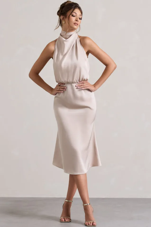 Geena | Champagne Satin Twisted High-Neck Midi Dress