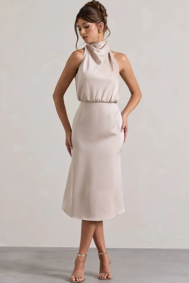Geena | Champagne Satin Twisted High-Neck Midi Dress