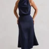 Geena | Navy Satin Twisted High-Neck Midi Dress