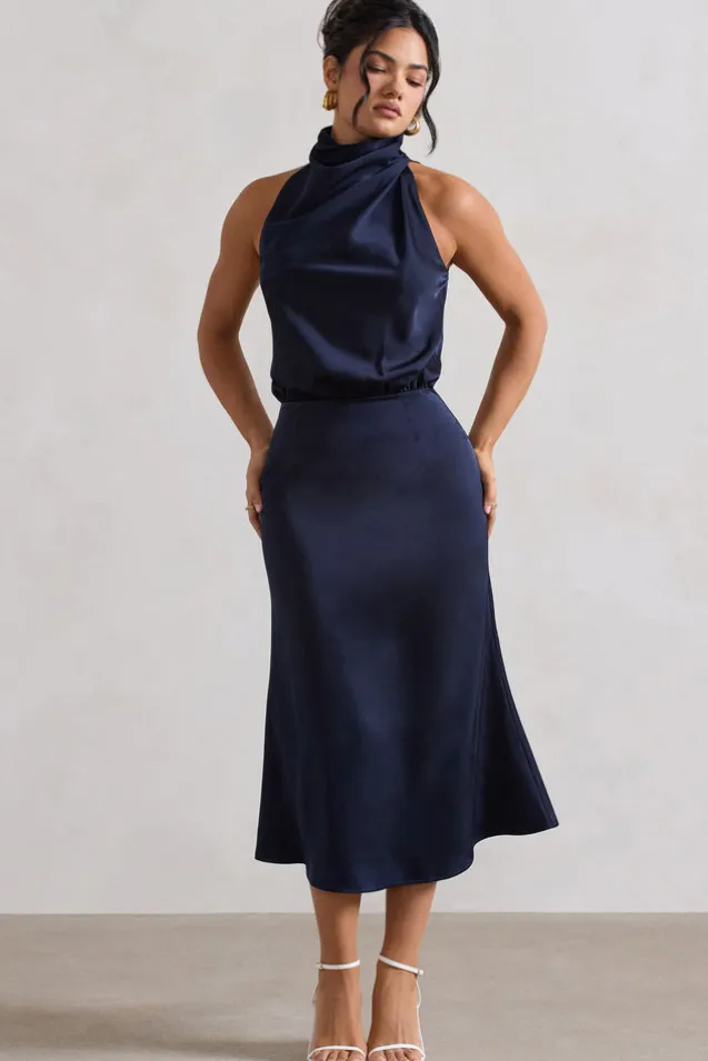 Geena | Navy Satin Twisted High-Neck Midi Dress