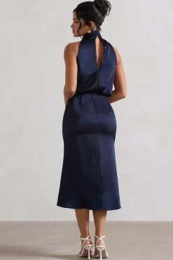 Geena | Navy Satin Twisted High-Neck Midi Dress
