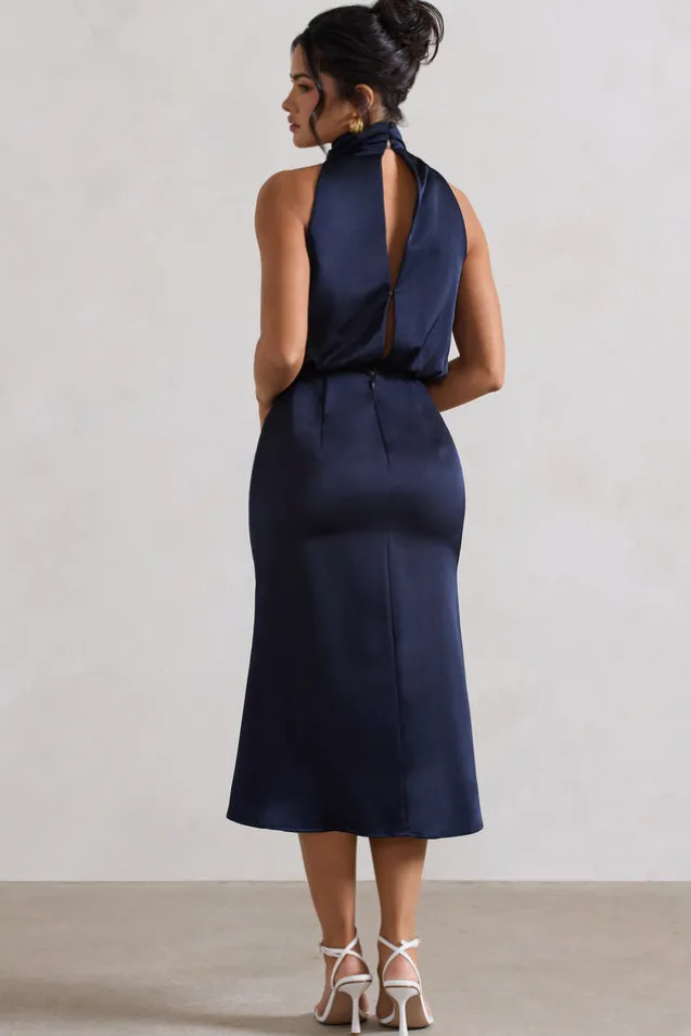 Geena | Navy Satin Twisted High-Neck Midi Dress