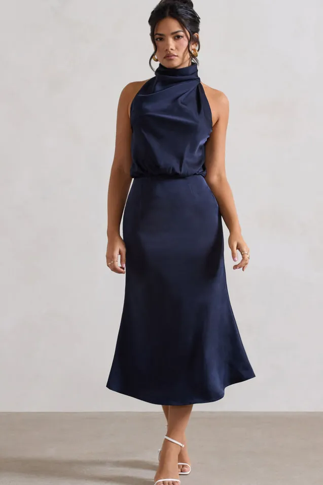 Geena | Navy Satin Twisted High-Neck Midi Dress