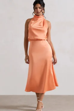 Geena | Peach Satin Twisted High-Neck Midi Dress