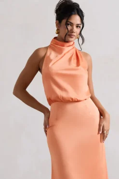 Geena | Peach Satin Twisted High-Neck Midi Dress