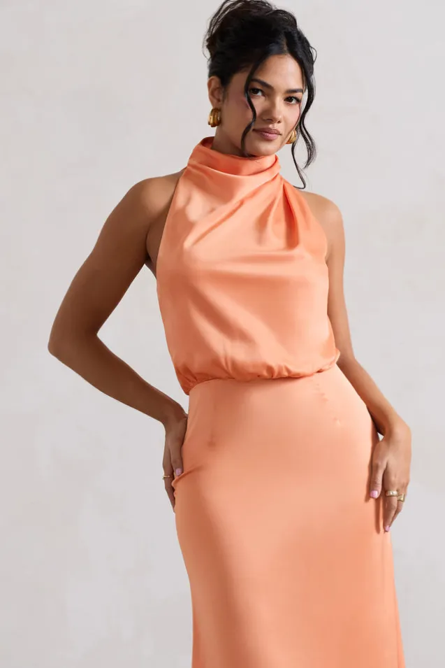 Geena | Peach Satin Twisted High-Neck Midi Dress
