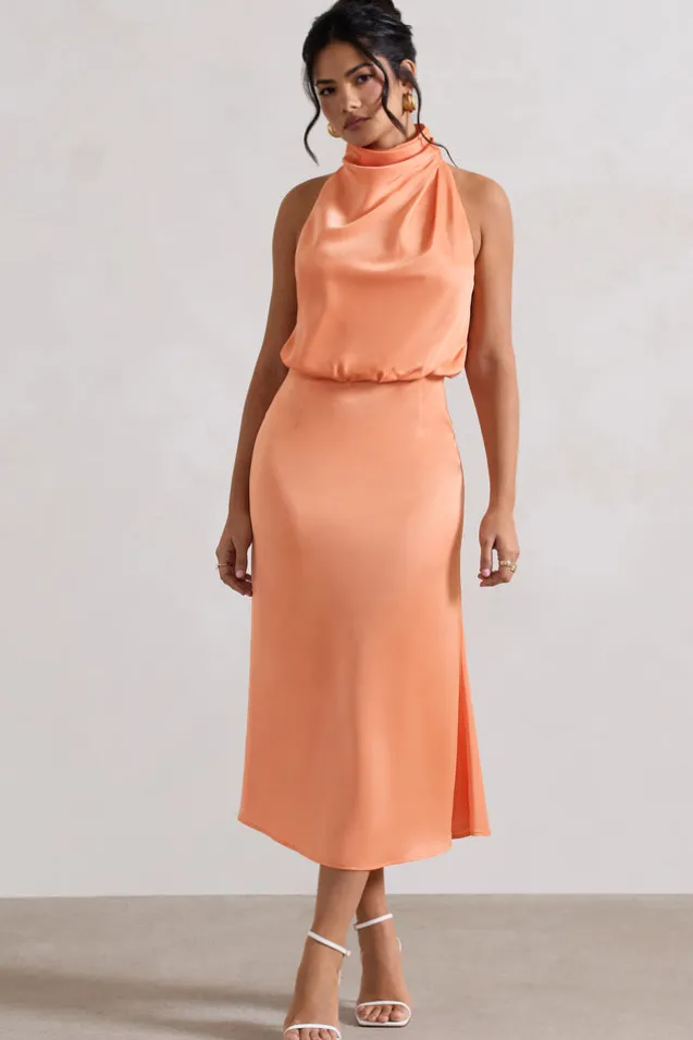 Geena | Peach Satin Twisted High-Neck Midi Dress