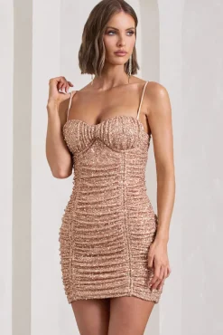 Gem | Rose Gold Sequin Ruched Strappy Mini Dress