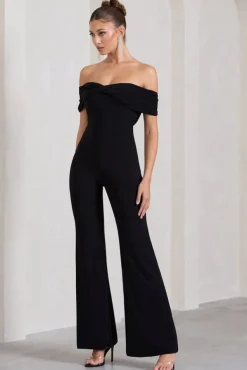 Gemma | Black Bardot Open-Back Flared-Leg Jumpsuit