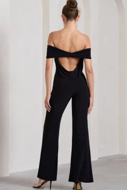Gemma | Black Bardot Open-Back Flared-Leg Jumpsuit