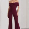 Gemma | Burgundy Bardot Open-Back Flared-Leg Jumpsuit