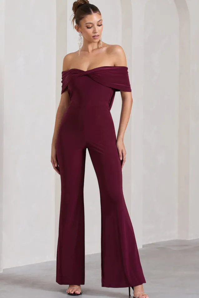 Gemma | Burgundy Bardot Open-Back Flared-Leg Jumpsuit