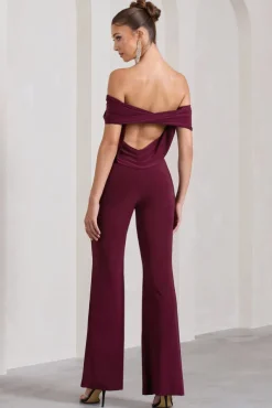 Gemma | Burgundy Bardot Open-Back Flared-Leg Jumpsuit
