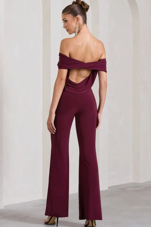 Gemma | Burgundy Bardot Open-Back Flared-Leg Jumpsuit