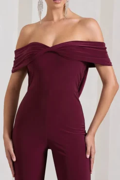 Gemma | Burgundy Bardot Open-Back Flared-Leg Jumpsuit
