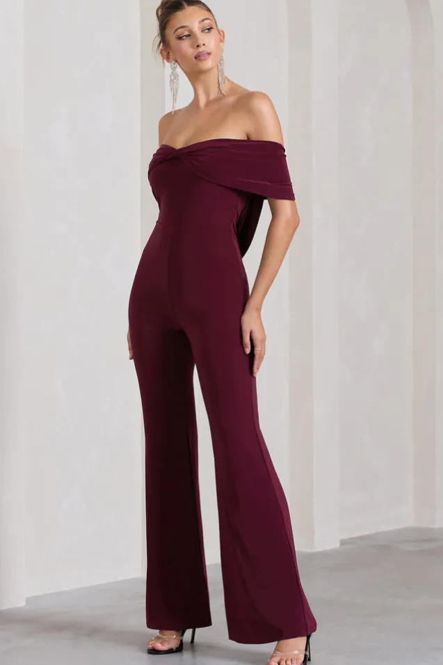 Gemma | Burgundy Bardot Open-Back Flared-Leg Jumpsuit
