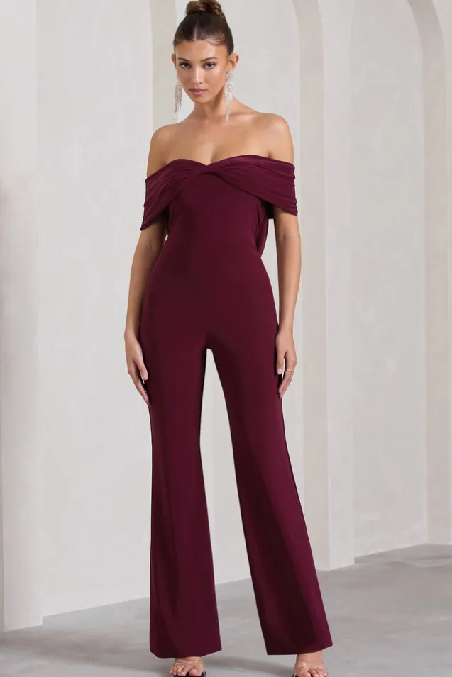 Gemma | Burgundy Bardot Open-Back Flared-Leg Jumpsuit